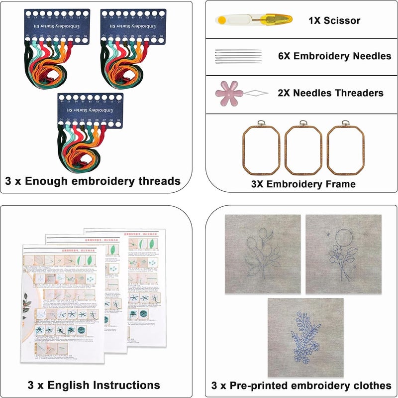 Maydear 3 Pack Embroidery Starter Kit with Pattern, Stamped Cross Stitch Kits for Beginners Adults with Embroidery Hoop and Instructions, Hand Embroidery Kit (B Set Embroidery Starter Kit) - Image 2